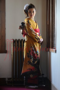 奈良ホテルの窓際で成人式を待つ着物の女性